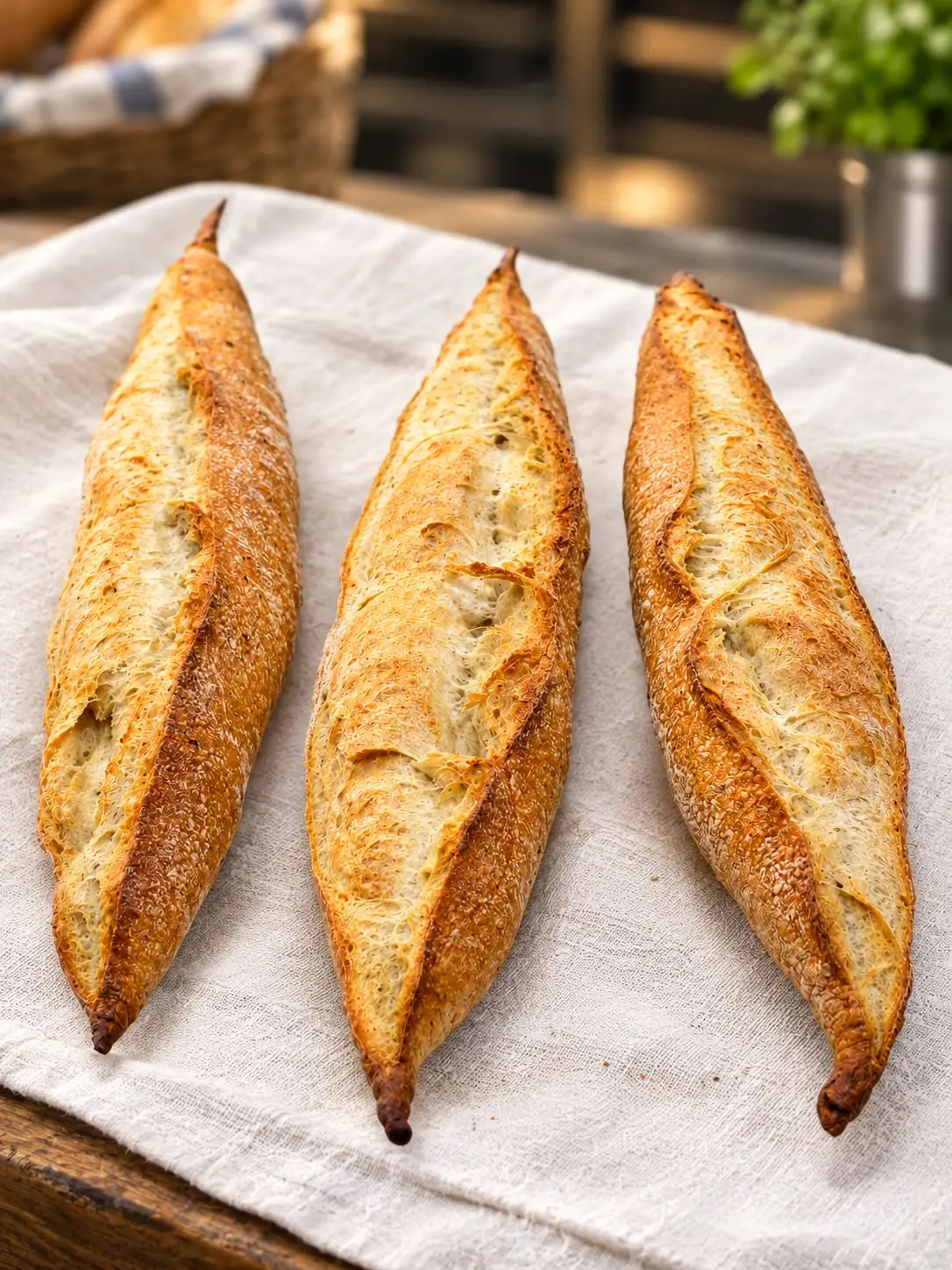 Three rustic baguettes with blistered, golden crust on a linen cloth