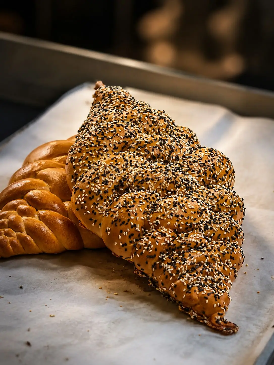 Braided loaf covered in black and white sesame seeds