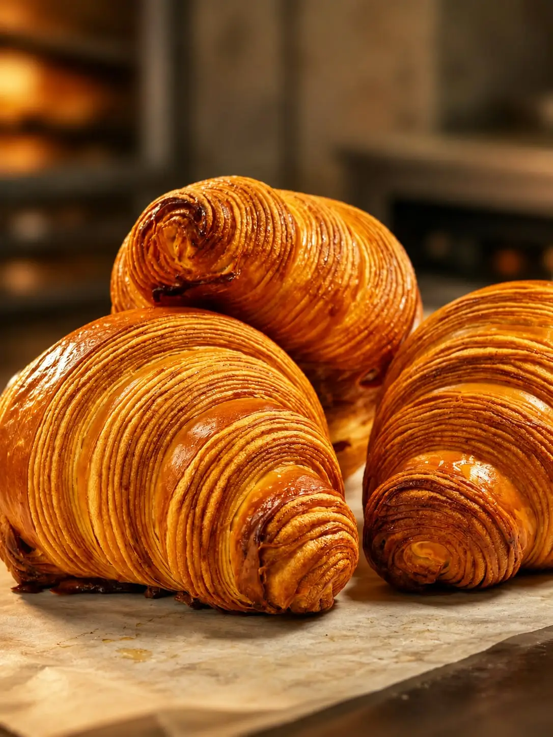 Three golden butter croissants with defined laminated layers