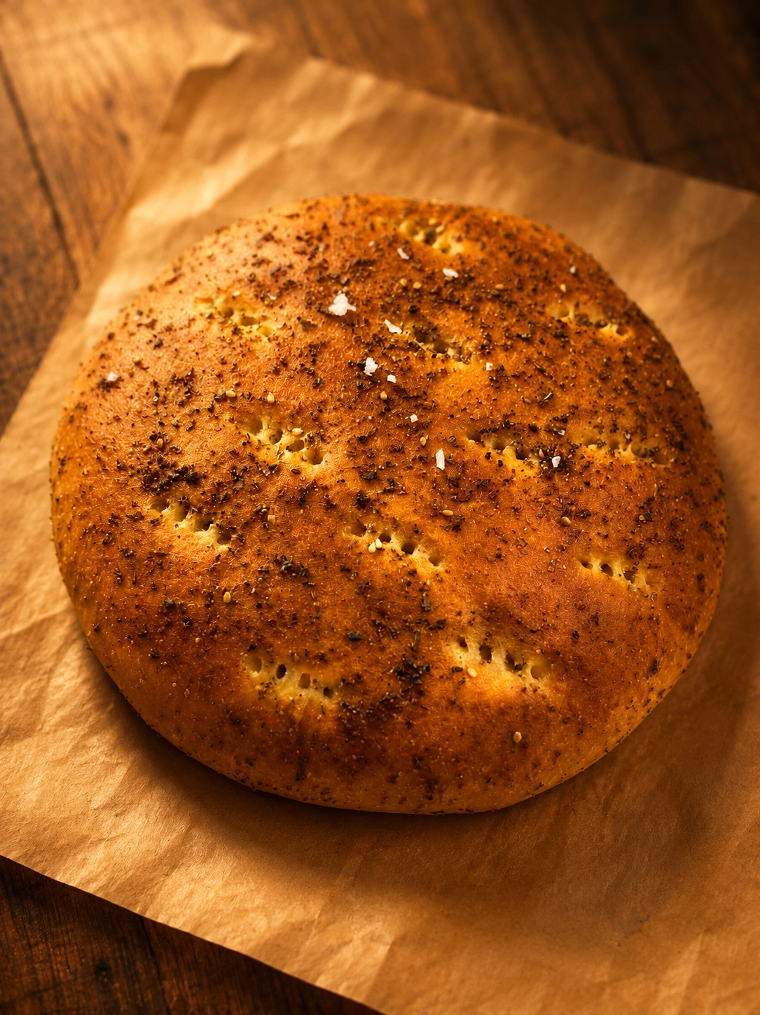 Round Moroccan bread with a dimpled, herb-dusted crust and flaky sea salt