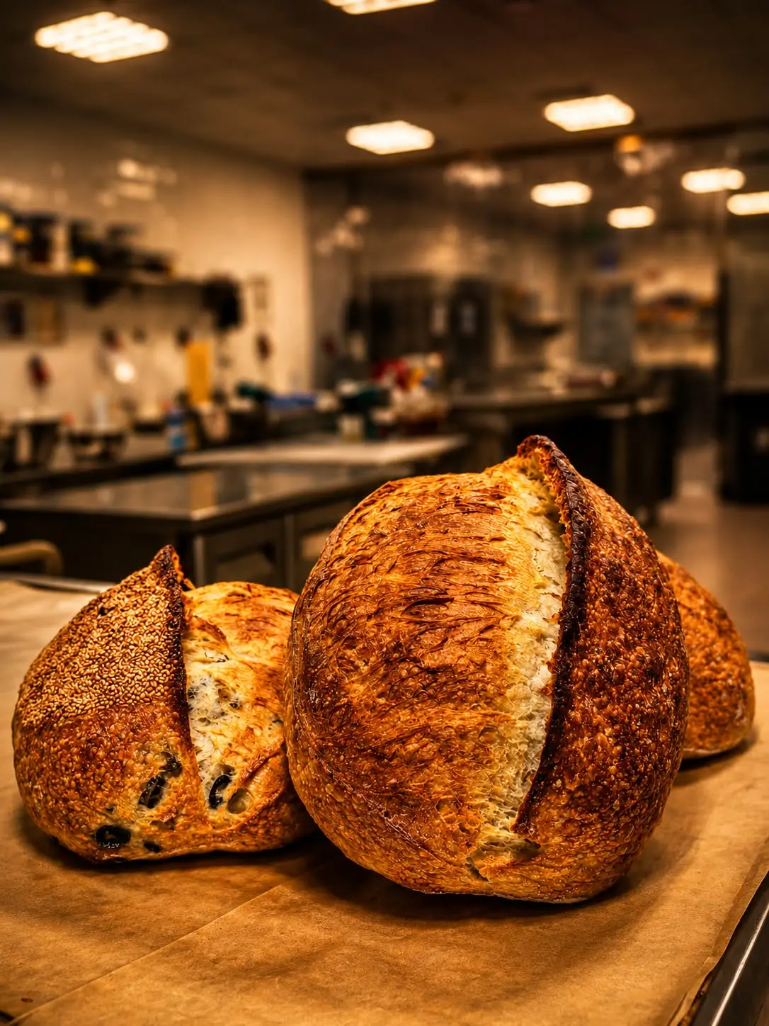 Sourdough loaves with a bold ear and an olive and sesame loaf, in a professional kitchen