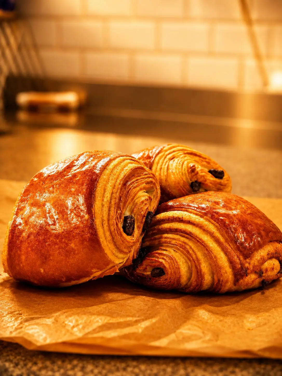 Three glossy pain au chocolat showing flaky layers