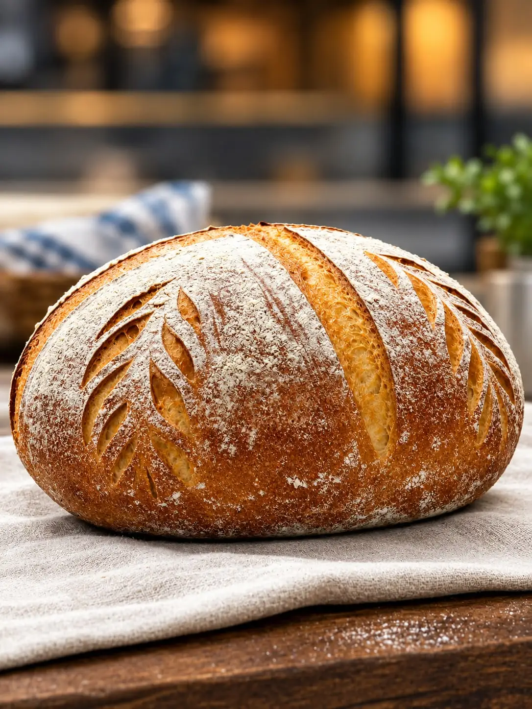 Round sourdough loaf with wheat-ear scoring and a floured crust